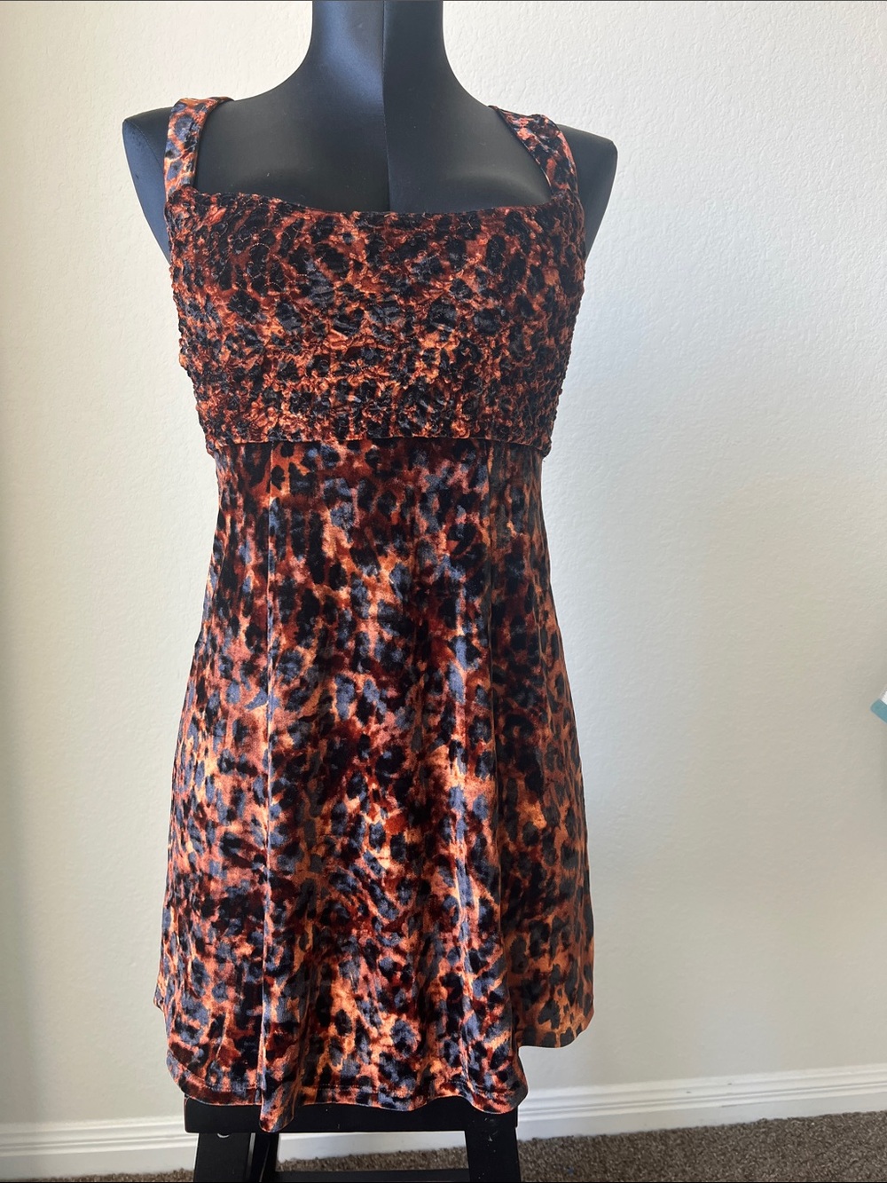 Free People Leopard-Print Velvet Mini Dress in Rust and Black